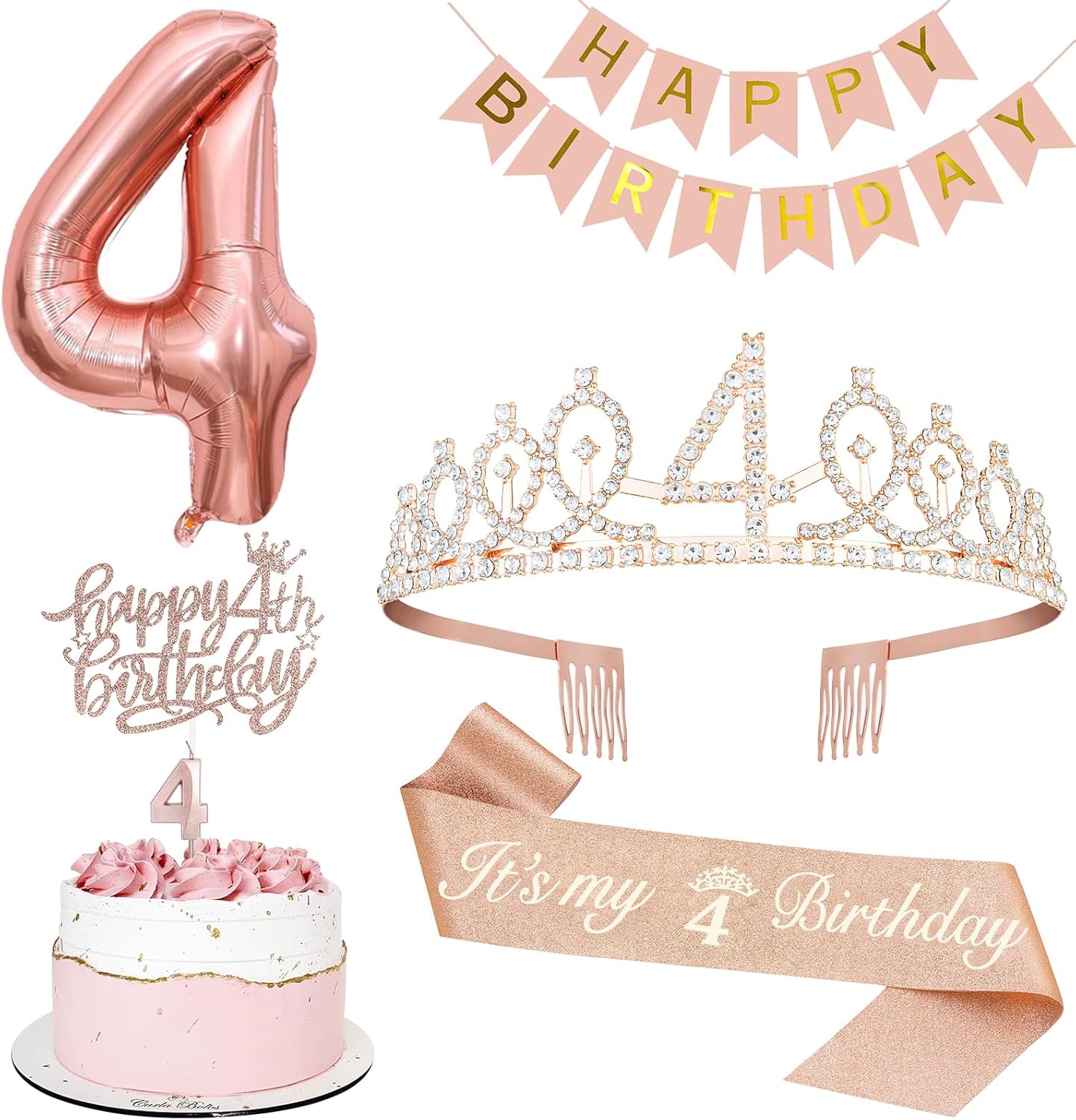 4th Birthday Decorations for Girls, Including 4th Tiara and Sash, Happy Birthday Banner, Cake Toppers, Number Candles and Balloons Set, Rose Gold