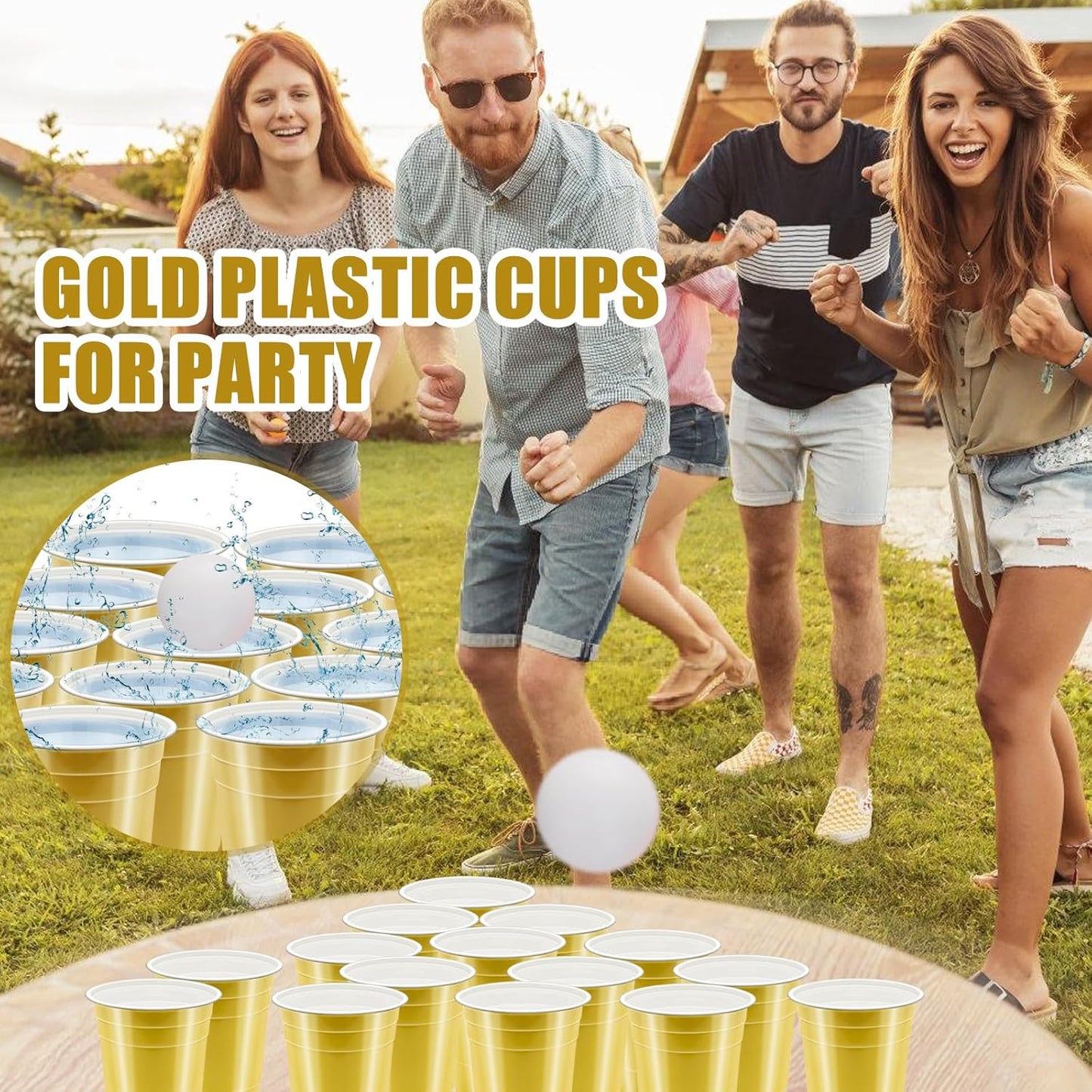 100 Pack 16 oz Gold Plastic Cups for Party, Heavy Duty Gold Disposable Cups Graduation Cups Bulk for Halloween Wedding Birthday Festive Celebrations Wine Beer Beverage