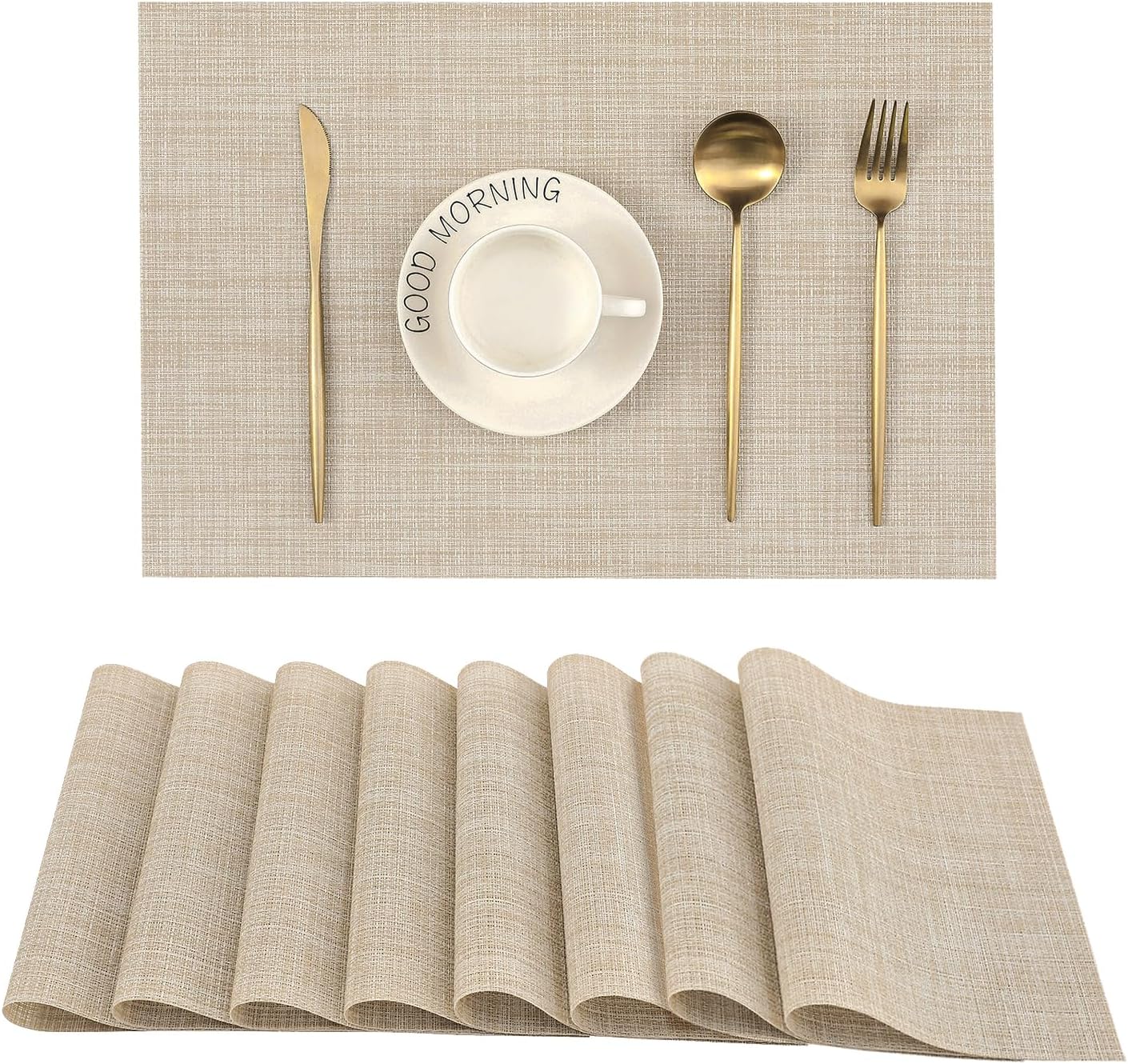 Leetaltree Beige Placemats Set of 8 - Heat Resistant Non-Slip Place mats for Dining Table, Washable Durable PVC Vinyl Woven Table Mats（Beige, 8）