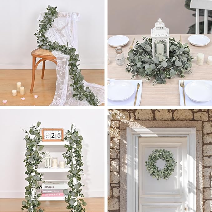 Dolicer 8 Packs 6FT Artificial Eucalyptus Garland, Faux Greenery Garland Hanging Fake Silver Dollar Eucalyptus Leaves Vines for Wedding Backdrop Arch Table Wall Party Home Decor