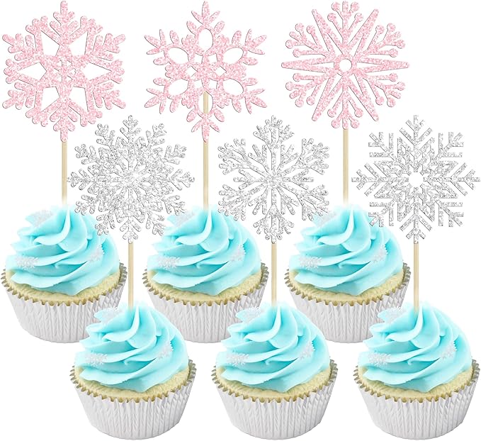 36Pcs Snowflake Cupcake Toppers Glitter Winter Frozen Theme Snowflake Cupcake Pick Decorations for Baby Shower Kids Birthday Christmas Party Decorations Supplies Light Pink Silver