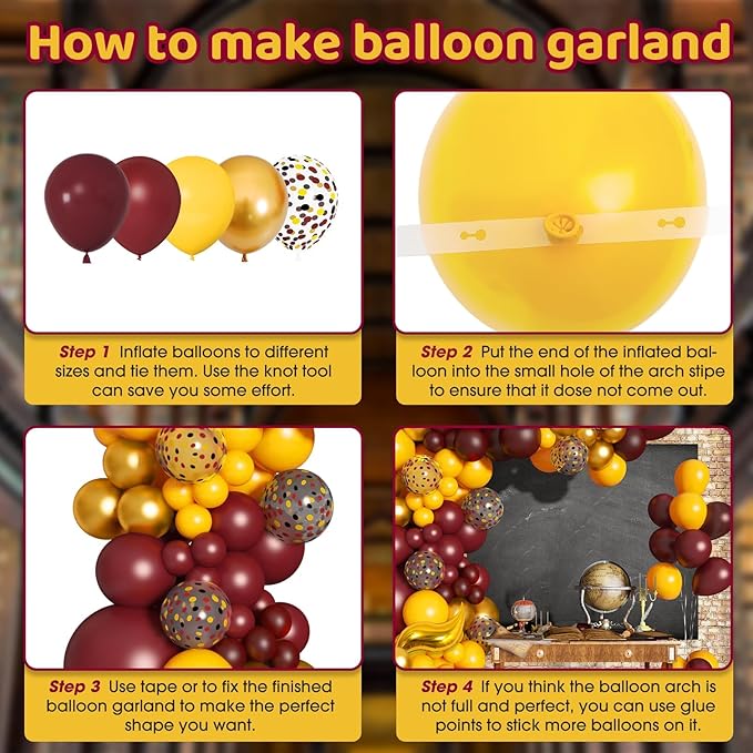 Amandir 170Pcs Magical Wizard School Balloons Arch Garland Kit, Different Sizes 18 12 10 5 inch Burgundy Yellow Gold Confetti Balloon for Birthday Baby Shower Halloween Party Decorations Supplies