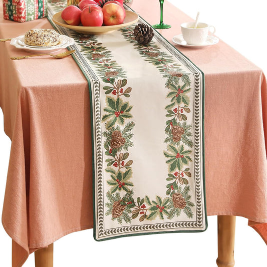 ISAENNE Designer Luxury Velvet Light Beige Christmas Table Runner 102 Inches Long,Farmhouse Pine Cone Pattern Decor Table Runners for Dining Tables,Thanksgiving,Kitchen Tables,12"*102"-Carol G