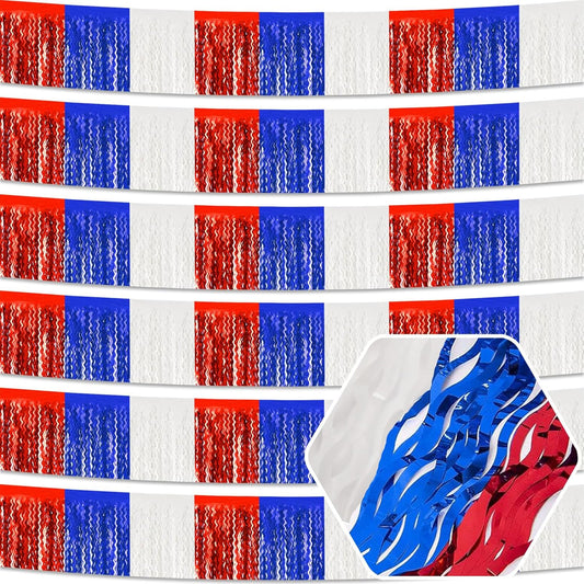 6 Pack 10 Feet White Blue Red Wave Foil Fringe Garland Metallic Tinsel Streamers Banner Wall Hanging Curtain Backdrop for Parade Floats, Mother's Day, Easter, Wedding, Birthday Party Decoration