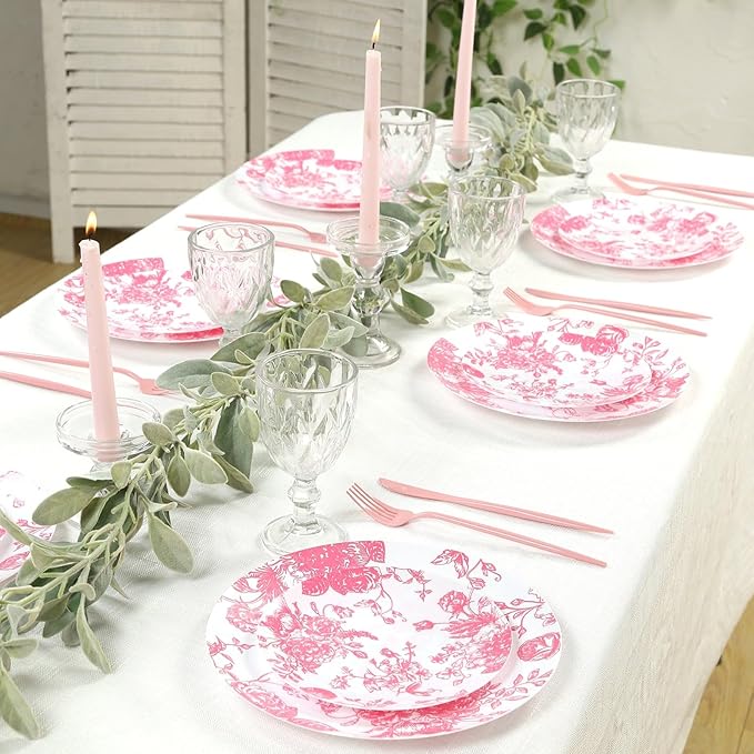Efavormart 10-Pack French Toile Plastic Dinner Plates – Pink & White Floral, 10" Round Disposable Party Plates
