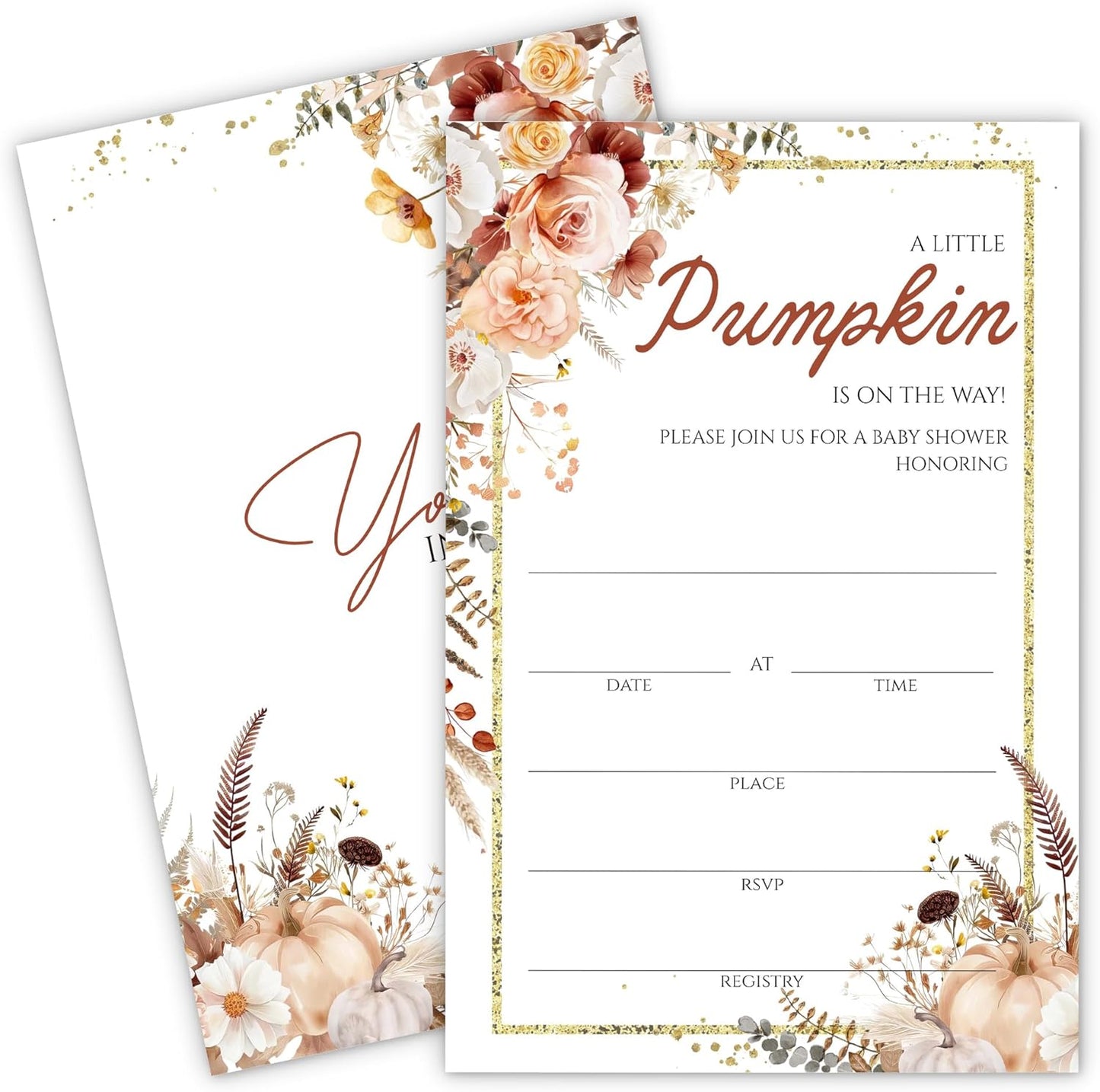 Fall Floral Pumpkin Baby Shower Invitations - “A Little Pumpkin Is On The Way” Design with Envelopes And RSVP Cards - 20Pcs Fill In Baby Shower Party Cards(4 x 6 Inch) (041)