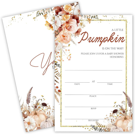 Fall Floral Pumpkin Baby Shower Invitations - “A Little Pumpkin Is On The Way” Design with Envelopes And RSVP Cards - 20Pcs Fill In Baby Shower Party Cards(4 x 6 Inch) (041)