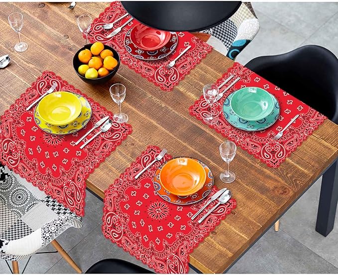 Yibeas Western Paisley Cloth Napkins Set of 4 Bandana Seamless Pattern with Red and White Ornaments Polyester Kitchen Dinner Napkins for Holiday Festive Wedding Decor 18 x 18 inch
