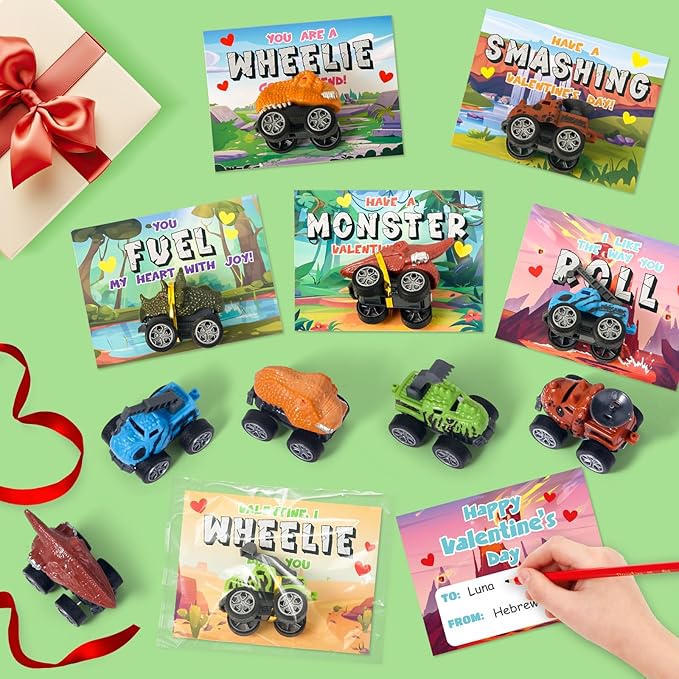 Valentines Day Cards for Kids School - 24 Pack Pull Back Monster Dinosaur Truck Toys with Cards, Valentines Day Gifts for Kids, Valentines Classroom Exchange Prizes, School Party Favor Toys