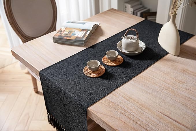 ZeeMart Black Table Runners 36 Inches Long, Burlap Linen Style Rustic Farmhouse Table Runner, Small Short Boho Coffee Table Runner, 13x36 Inches, Black