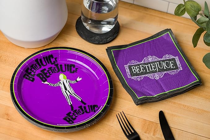 Silver Buffalo Tim Burton's Beetlejuice 32 Pack Partyware Disposable Paper Plates and Napkins