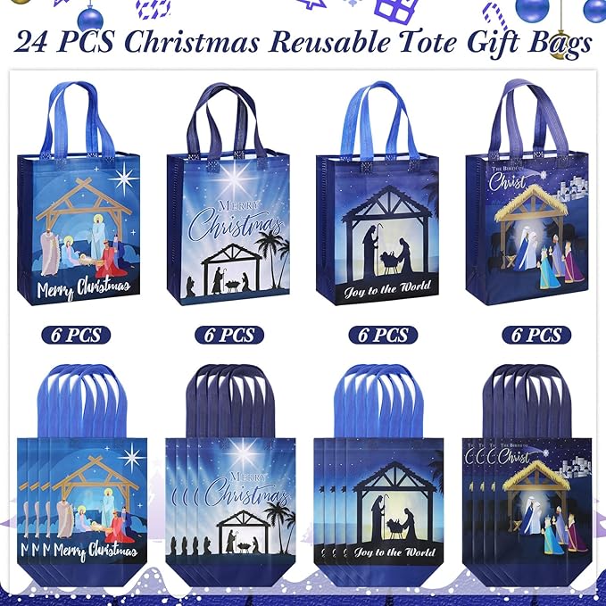 Wesnoy 24 Pcs Christmas Nativity Bags Bulk 10 x 8 x 4 Inch Christmas Jesus Non Woven Gift Bags with Handles Holy Night Religious Decoration Gift Packaging Reusable Christian Supplies for Xmas