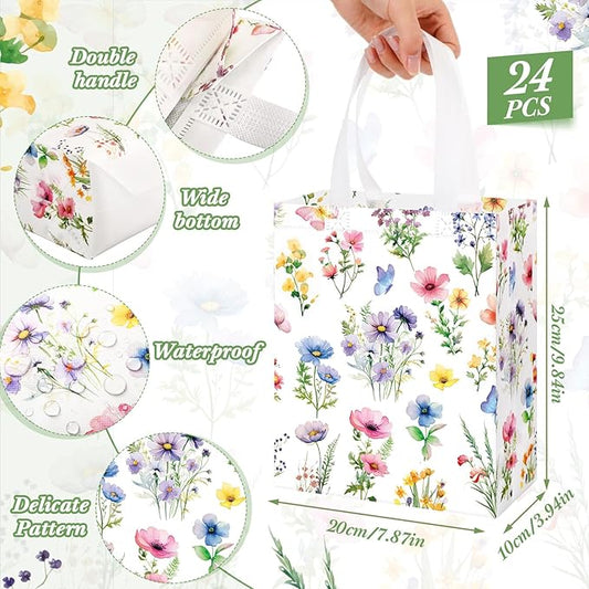 Supervitae 24 Pack Brightly Floral Gift Bags Medium Floral Party Favor Bags Reusable Totes Non Woven Goodie Totes for Spring Summer Wedding Birthday Baby Shower Family Travel(9.8" x 7.9" x 3.9")