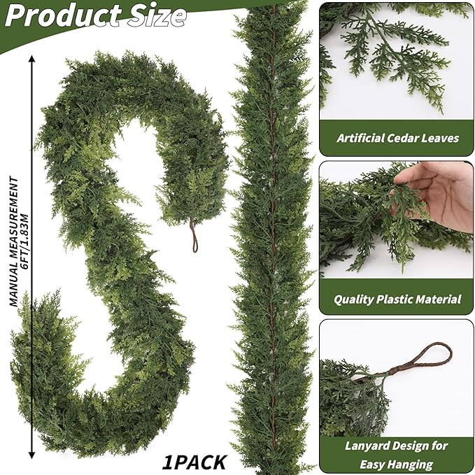 1 Pcs 6FT Christmas Cedar Garland Artificial Realistic Faux Green Cedar Pine Garland Real Touch Christmas Garland for Xmas Home Decoration Indoor Stairs Railing Fireplace Outdoor