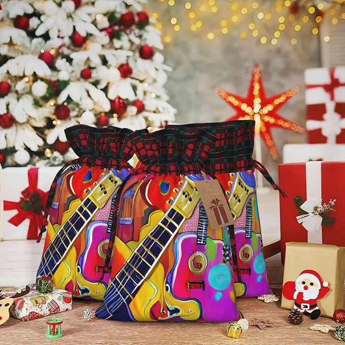PULaif Color Acoustic And Guitars Christmas Drawstring Gift Bags, Large Size Christmas Bags For Gifts Party Favors, Xmas Gift Bags