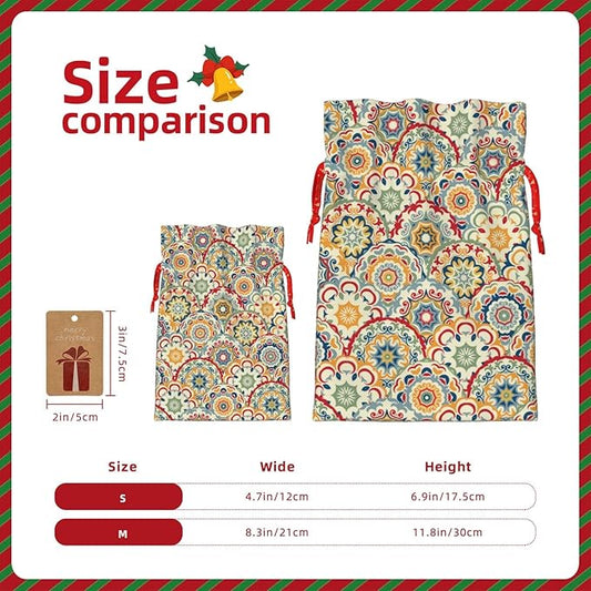 Jhggffd Boho Abstract Floral Christmas Gift Bags Christmas Treat Bags Cloth Christmas Gift Bag Drawstring Christmas Bags for Gifts Favor Bags Reusable Xmas Gift Bags for Holiday Party