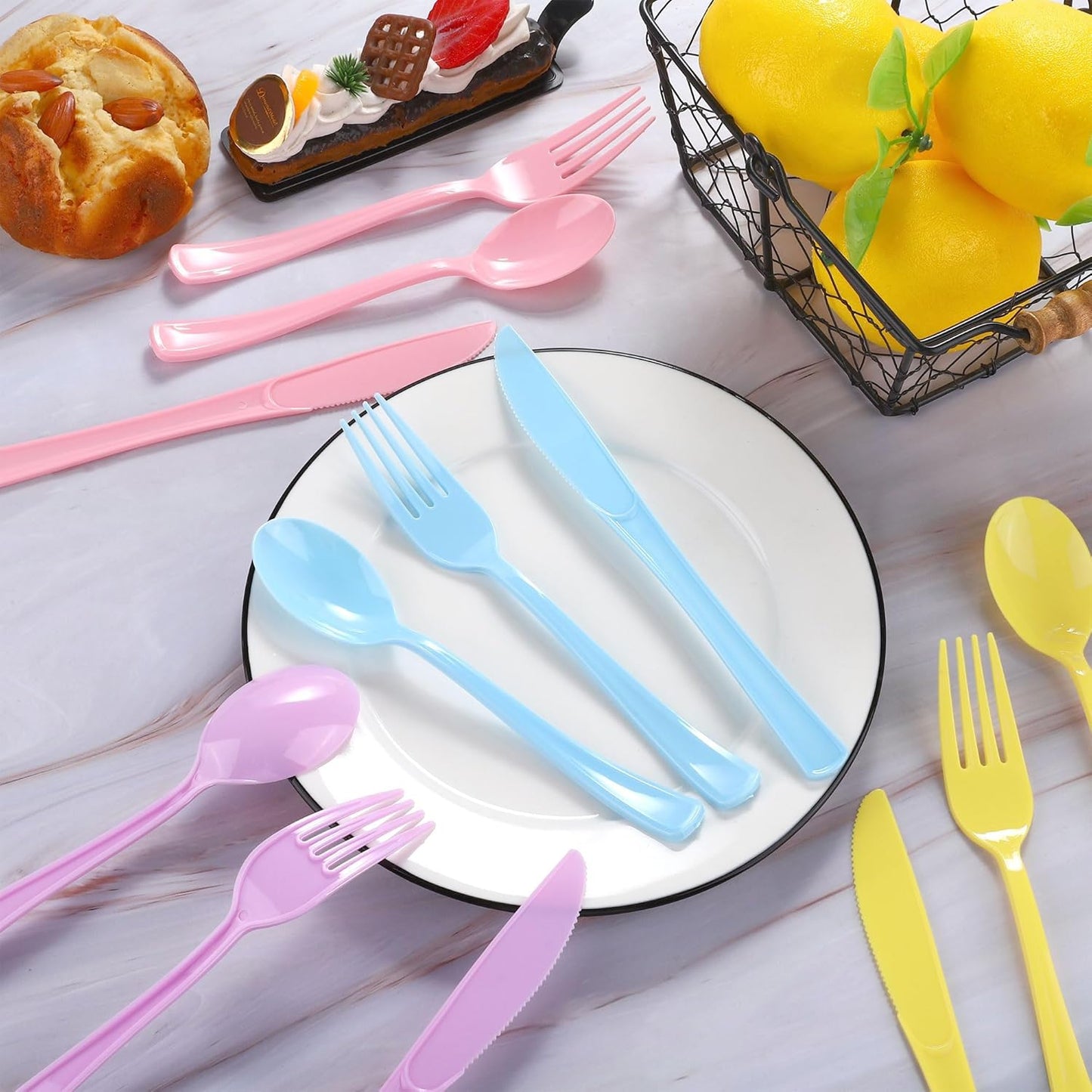 300 Pieces Pastel Plastic Silverware Heavy Duty Plastic Cutlery Set Heavyweight Disposable Utensils Includes Spoons Forks Knives for Birthday Wedding Dinner, Macaron Colors