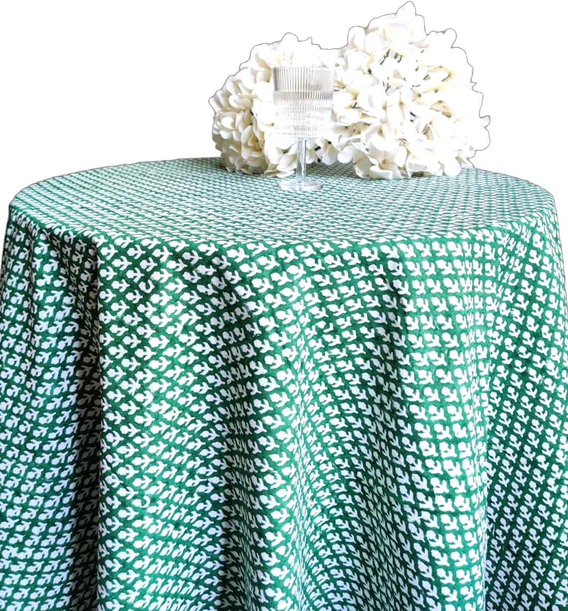 ATOSII Queen Green 100% Cotton Round Tablecloth, Handblock Print Floral Table Cloth for Kitchen Dining Linen I Parties, Weddings, Outdoors, Christmas, Thanksgiving I 90" Inches Round I 6 Seater