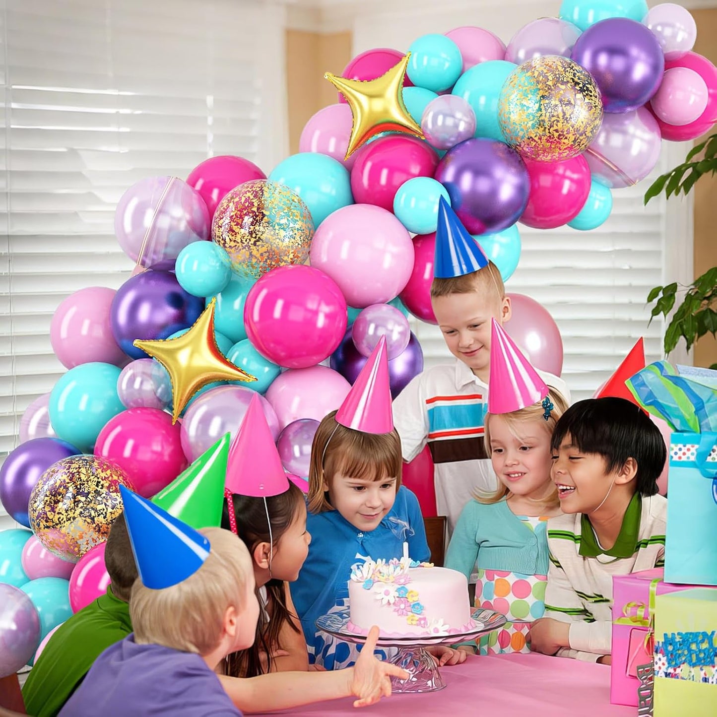 Pink Purple Blue Balloon Arch Kit Teal Hot Pink Metallic Purple Party Latex Balloon Garland with Confetti and Star Foil Balloons for Girls Princess Birthday Baby Shower Neon Party Decorations