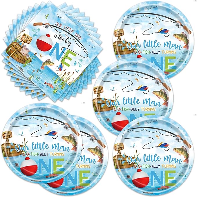 40pcs Fishing 1st Birthday Party Supplies Boys Fishing Birthday Party Decorations Plates and Napkins Gone Fishing Themed Party Tableware Set for Baby Shower