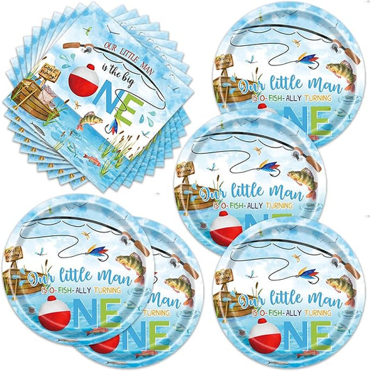 40pcs Fishing 1st Birthday Party Supplies Boys Fishing Birthday Party Decorations Plates and Napkins Gone Fishing Themed Party Tableware Set for Baby Shower