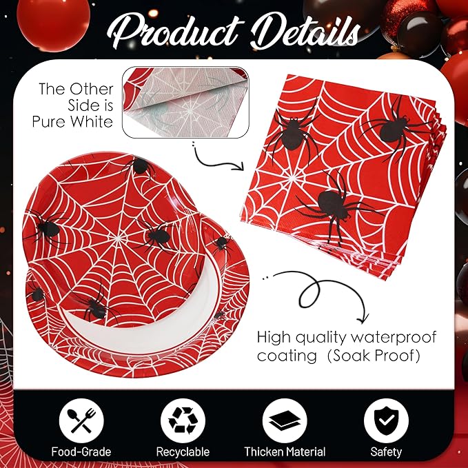 75pcs Spider Party Supplies, 25 Guest Disposable Red Paper Plates & Napkins, Tableware Decorations Favors, Including 9" & 7" Plates & Napkins for Halloween, Birthday, Parties, and Everyday Use