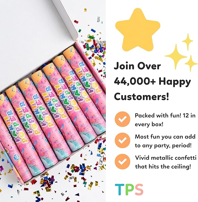 Confetti Poppers Confetti Cannon | 12 Pack | Glitter Multicolor | Party Poppers for Graduation, Birthday, Wedding | Alternative to Fireworks Smoke Bombs | Launches 25 ft | 12 inch | TUR Party Supplies