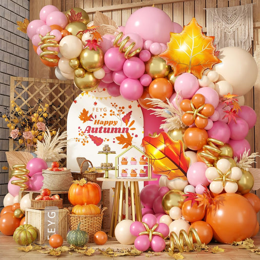 Fall Balloon Arch Kit, Thanksgiving Balloon Garland with Hot Pink Orange Gold Balloons with Leaf Foil Balloons for Thanksgiving Autumn Fall Birthday Baby Shower Party Decorations