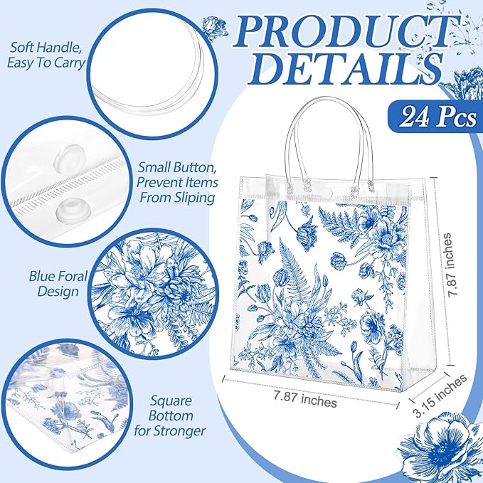 Kacctyen 24 Pcs Gift Bags for Party Favor Clear Goodie Bags with Handle 7.87 x 7.87 x 3.15 Return Gift Wrap Totes for Guests Treat Candy Wrapping (Blue Floral)