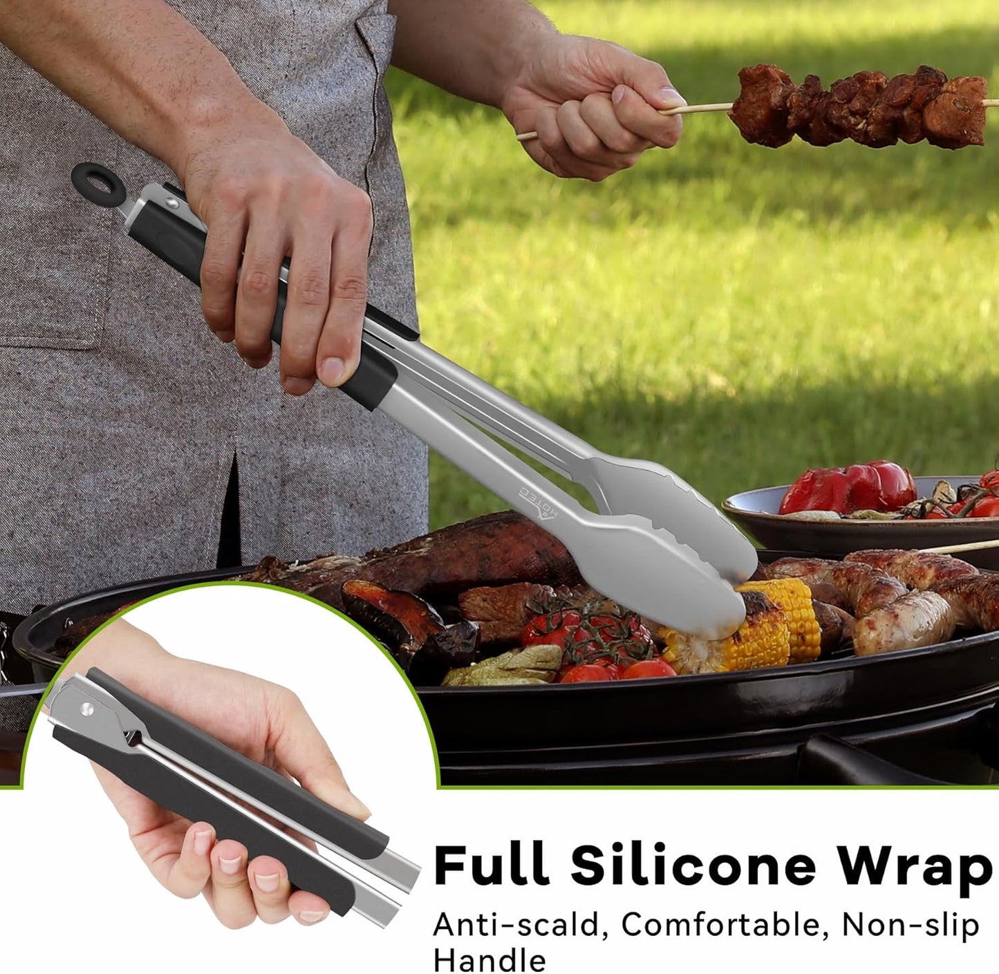 Hotec Stainless Steel Kitchen Tongs, Set of 2-9" and 12", Locking Metal Food Tongs for Cooking, Serving, BBQ, Grill Non-Slip Grip