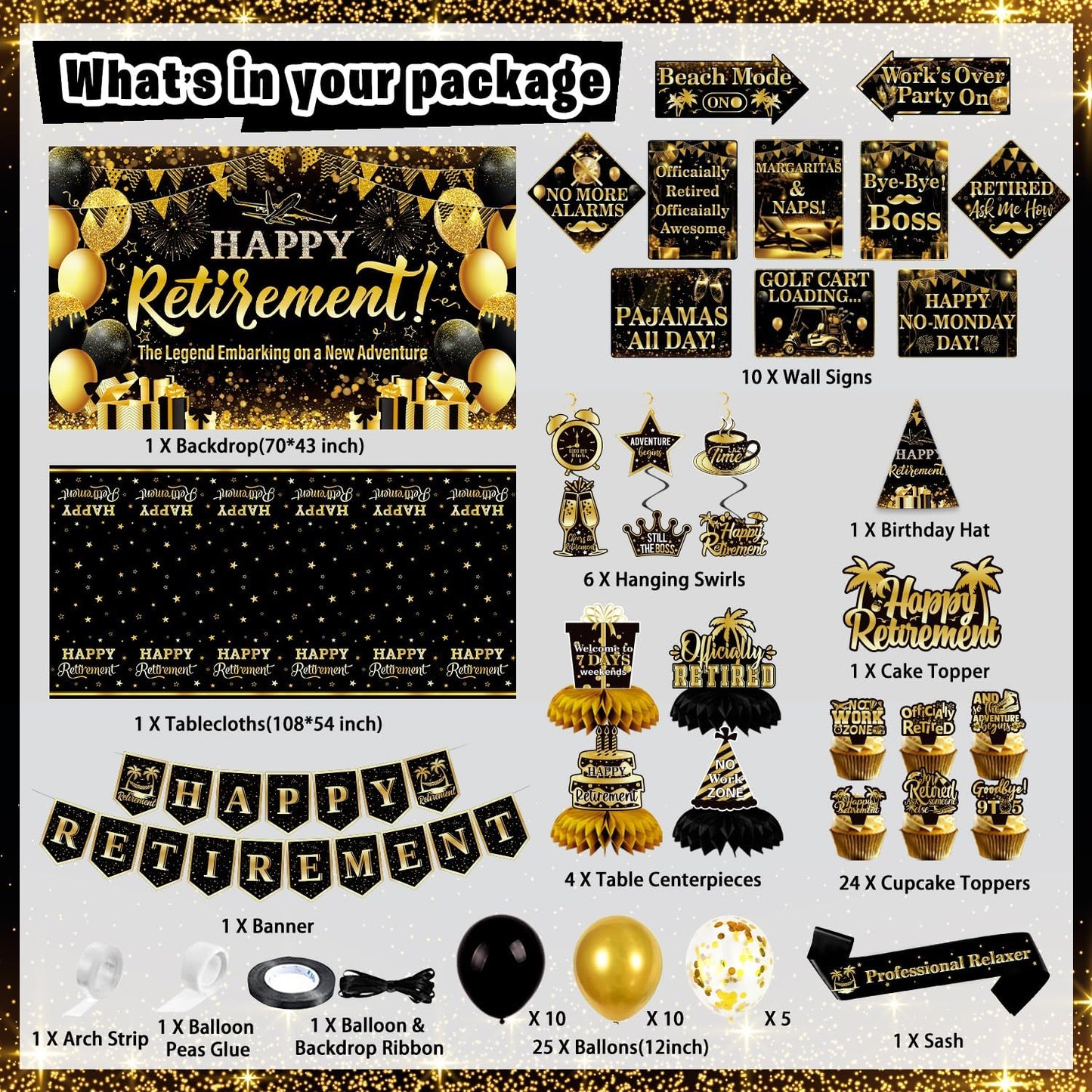 Mpanwen Retirement Party Decorations, 78 Pcs Gold Black Happy Retirement Men Party Decor Supplies for Women Men with Backdrop, Banner, Tablecloth, Centerpieces, Hanging Swirls, Sash, Hat, Wall Signs