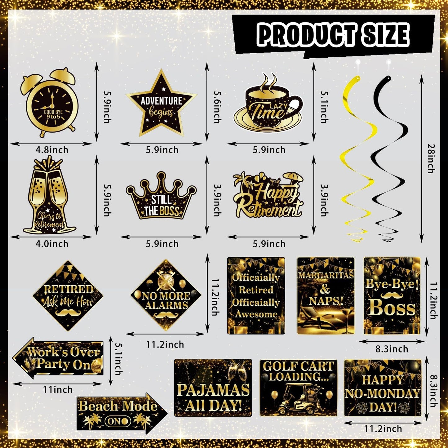 Mpanwen Retirement Party Decorations, 78 Pcs Gold Black Happy Retirement Men Party Decor Supplies for Women Men with Backdrop, Banner, Tablecloth, Centerpieces, Hanging Swirls, Sash, Hat, Wall Signs