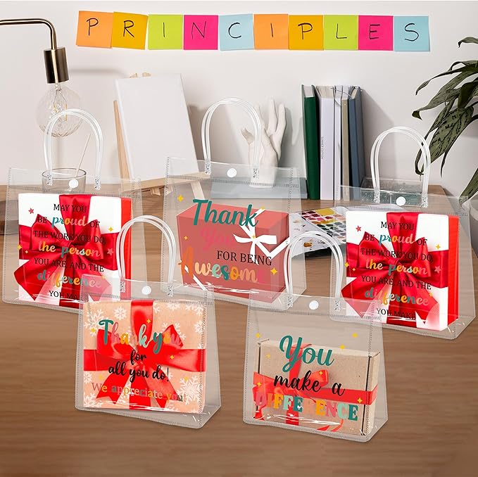 H1vojoxo Employee Appreciation Gift Bags - 24PCS Employee Appreciation Clear PVC Gift Bags with Handle 7.9x3.2x7.9 Inch Reusable Office Team Thank You Gifts Bag for Coworkers Staff Teachers Nurse