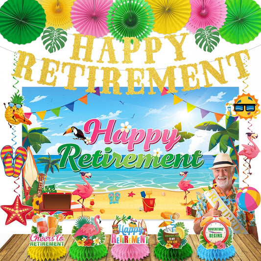 Luau Hawaiian Retirement Party Decorations, 23Pcs Beach Retirement Party Happy Retire ment Banner Backdrop, Tropical Retire ment Decorations Honeycomb Centerpieces Hanging Swirls Paper Fans
