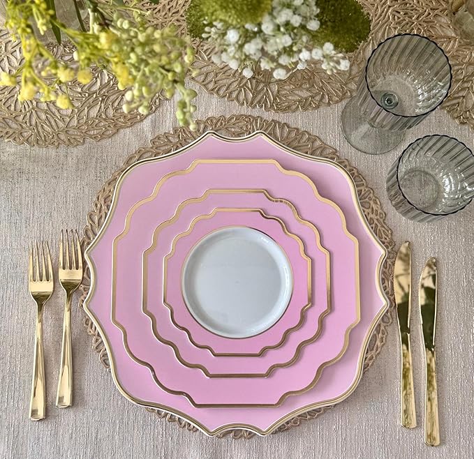 " OCCASIONS " 20 Pieces 13.25'' Scalloped Disposable/Reusable Plastic Charger Plates for Wedding, (Scalloped Imperial Light Pink & Gold)