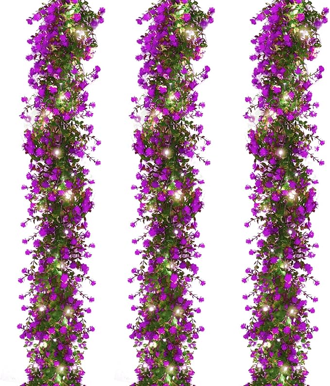 RECUTMS Artificial Garland Greenery Hanging Spring Lighted Garland Artificial Vine Plants Spring Eucalyptus Vine with Lights for Indoor Outdoor Home Wedding Mantel Party Kitchen Decor(Fuchsia)