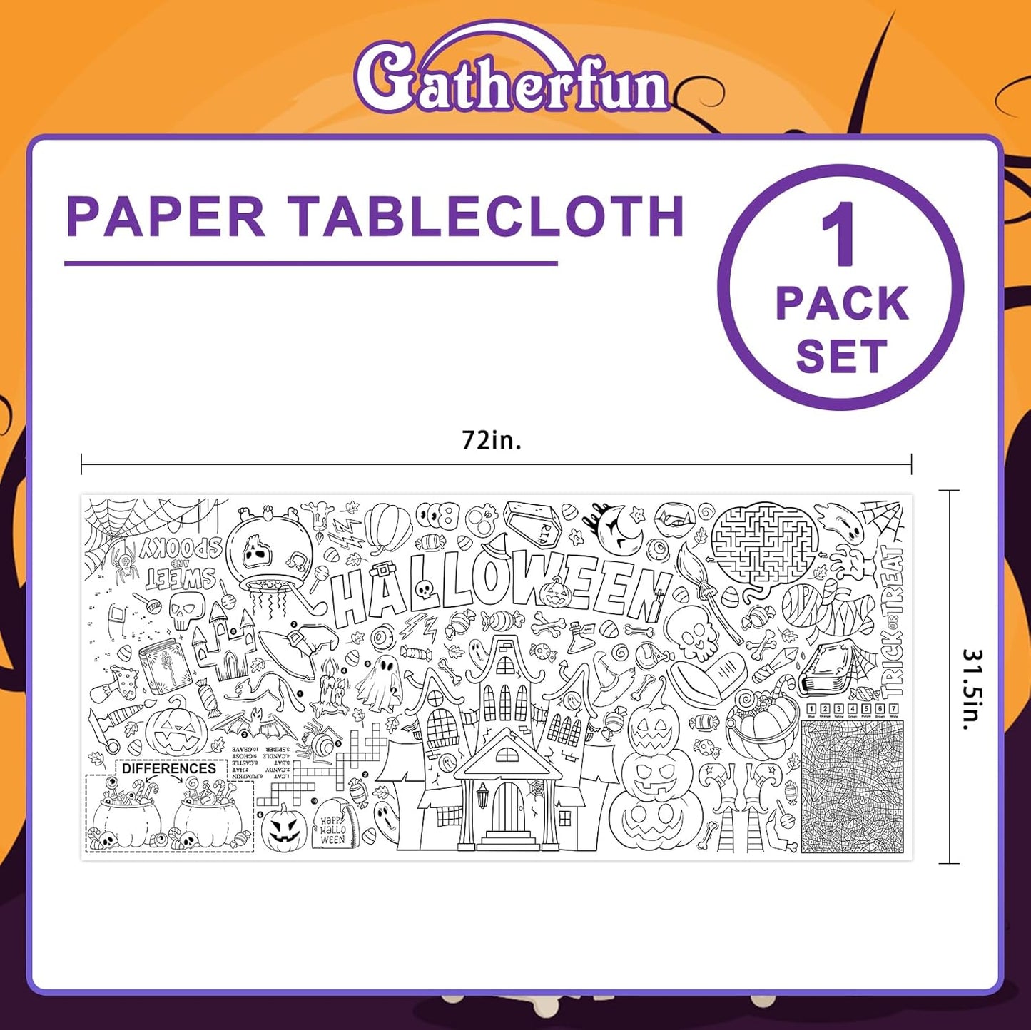 Halloween Coloring Tablecloth - 31.5 x 72 Inches,Versatile Paper Coloring Banner/Table Cover for School Party Halloween Decoration