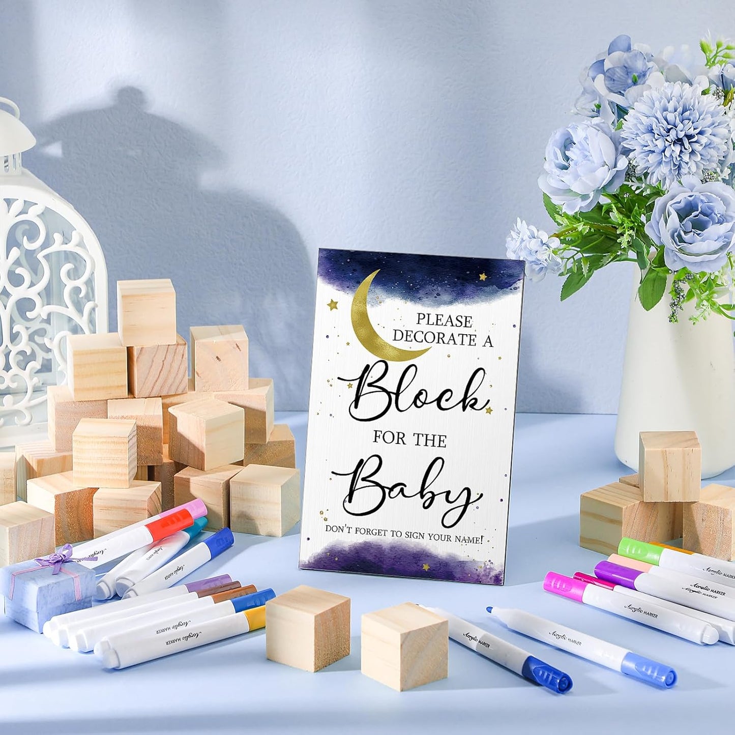 Tatuo 75 Pcs Baby Shower Games Sign Kit Including Decorate a Block Game Sign 50 DIY Wooden Block 24 Acrylic Paint Marker Baby Shower Prize for Gender Reveal Party(Sky)