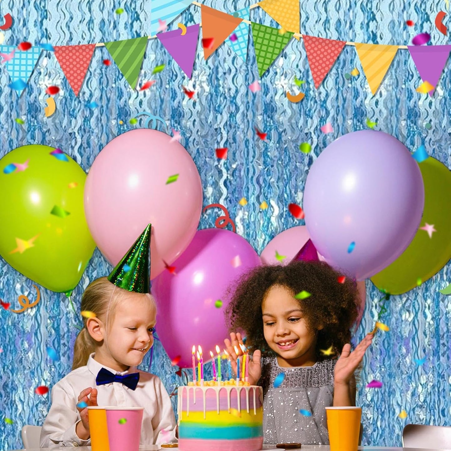 4 Pack Light Blue Fringe Curtain Backdrop 3.2Ft x 8.2Ft Metallic Tinsel Foil Fringe Streamers Background for Photo Booth Mother's Day, Easter, Carnival, Birthday, Wedding Party Decoration