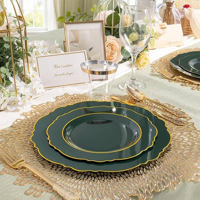 Liacere 175PCS Green Plastic Plates - Christmas Green Disposable With Gold Rim - 25Guest Baroque Plastic Dinnerware include 50Plates-25Pcs Pre Rolled Napkins with Silverware 25Cups for Party & Wedding