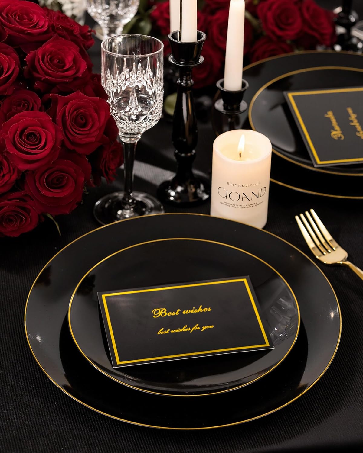 Nervure 100 Pieces Black Plastic Plates - 7.5inch Black Dessert Plates - Disposable Gold Plastic Plate - Disposable Plate Ideal for Wedding & Party & Halloween
