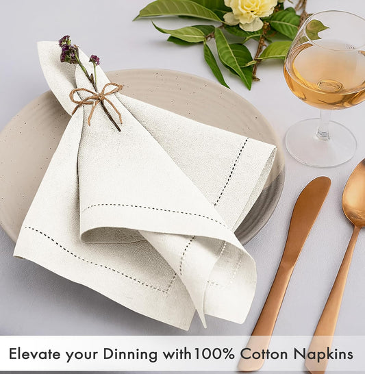 Ruvanti Cloth Napkins - 100% Cotton Dinner Napkins, Hem Stitched Corners, 18x18 Inch, 12 Pack - Soft, Absorbent, Durable, Reusable, Wrinkle Resistant for Formal Dining & Everyday Use - Antique White