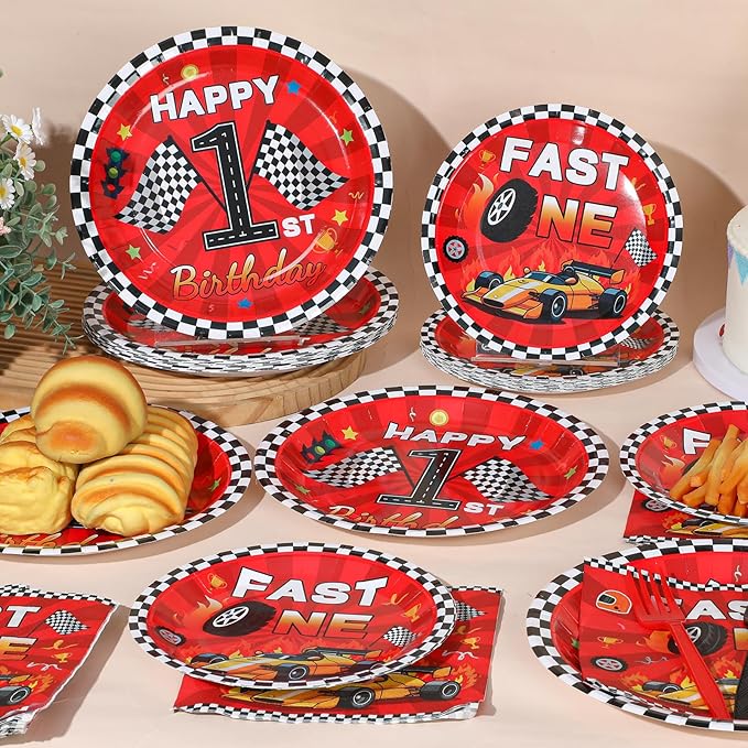 96Pcs Fast One Birthday Party Supplies Racing Car 1st Birthday Paper Plates Napkins Race Cars Party Decorations Baby Show One Year Old Dinnerware Favor Tableware Serves 24