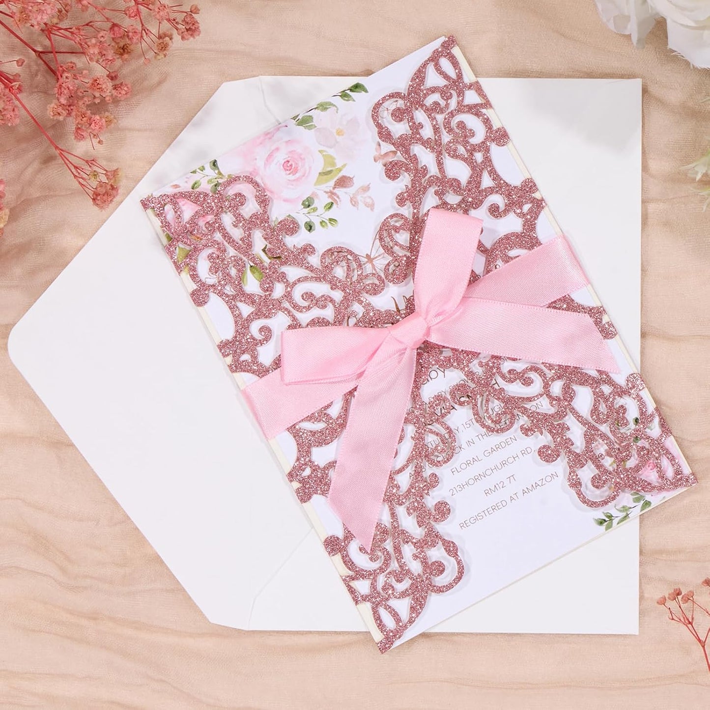 50Pcs Pink Glitter Laser Cut Wedding Invitations with Envelope and RSVP Blank Quinceanera Invitation Cards and Bow Ribbon for Bridal Baby Shower Engagement XV Anos Sweet 16 Birthday Invitation Girl