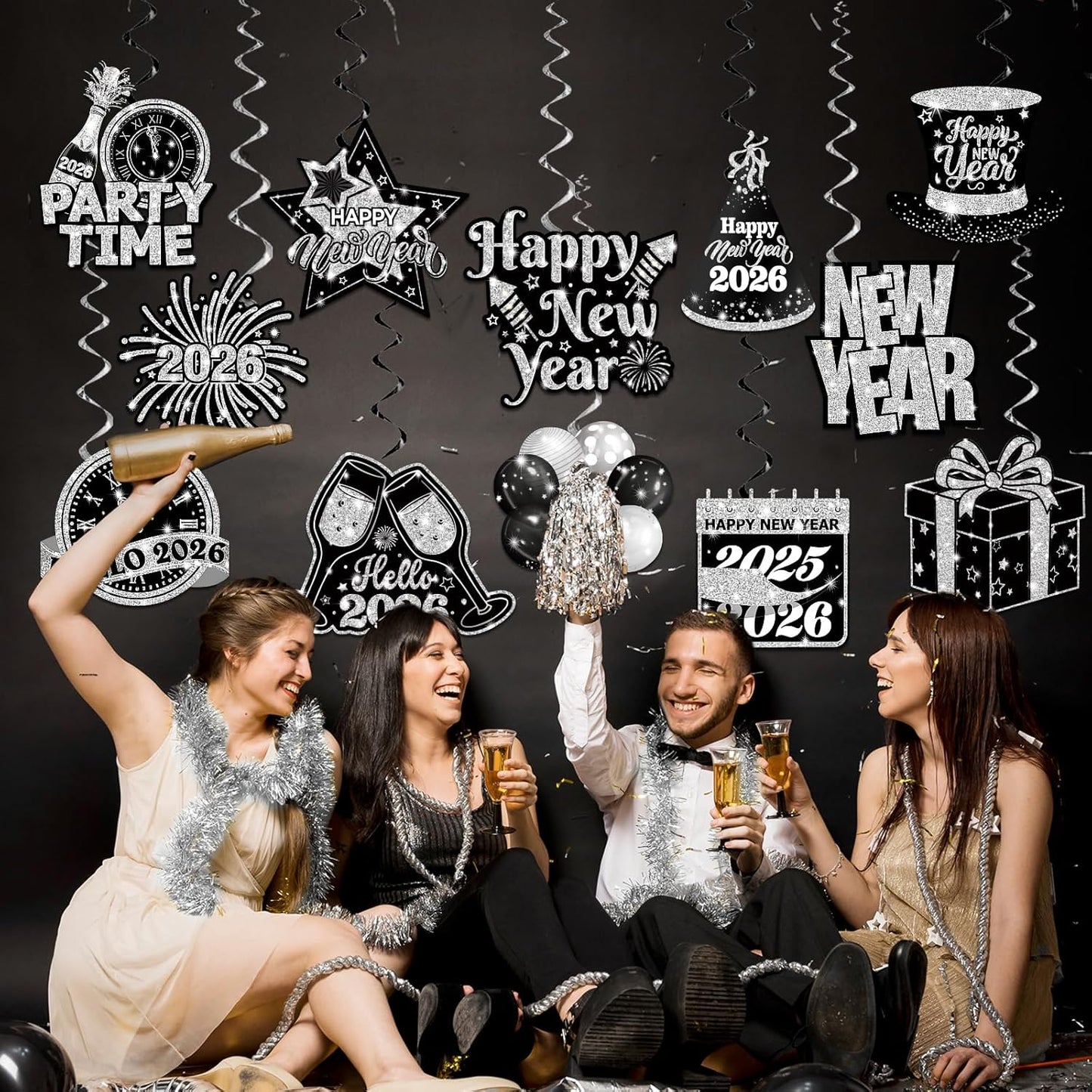 New Years Decorations Hanging Swirls,Black and Silver 2026 New Years Eve Decorations Banner Ceiling Hanging Pom Pom Garland Triangle Flag for Happy New Year Decorations