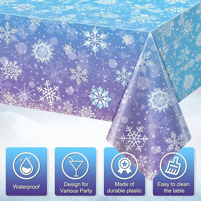 3 Pack Winter Snowflake Plastic Tablecloth Decorations, Blue and Purple Snowflake Winter Wonderland Disposable Table Cover for Christmas Holiday New Year Party Supplies Decorations, 54x108 Inch