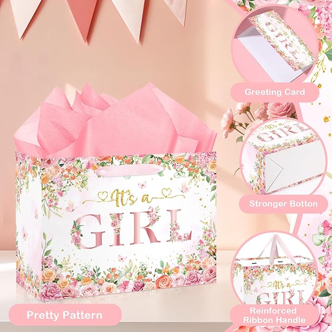 Wayyogh Baby Shower Paper Bag, Rose Gold Floral 'It's a Girl' Gift Bag with Wrapping Tissue Paper, Greeting Card and Handle for Girls' Baby Shower, Birthday Party Favors Decorations Supplies