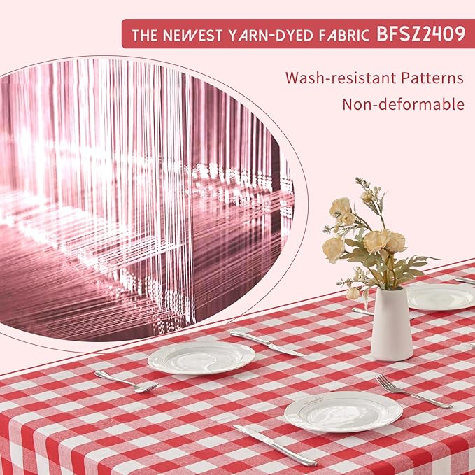 BALCONY & FALCON Gingham Table Cloth Rectangle – Reversible Water-Resistant Cotton Checkered Tablecloth for Outdoor Picnic, Camping, Kitchen, Holiday Party Decor (Red White, 55x71 Inch)