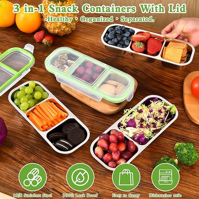 UPTRUST Reusable Snack Containers with Lids, 2pcs Stainless Steel 3-Compartment Snack Box, Divided and Leak-Proof Design for Take-Out Condiments and On-the-Go Snacks