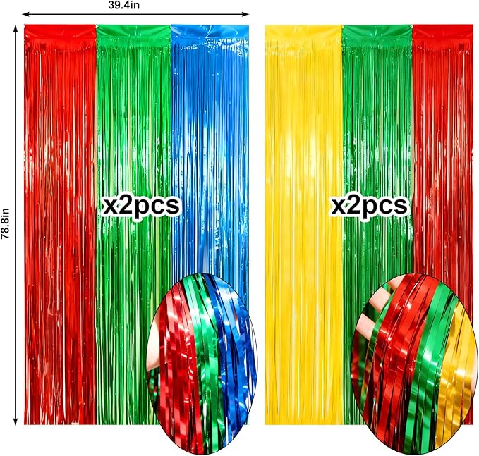4 Packs Blue Red Green Yellow Foil Fringe Curtain, Blue Red Green Yellow Glitter Metallic Tinsel Backdrop for Birthday, Baby Shower, Video Game Theme Party Decorations Supplies